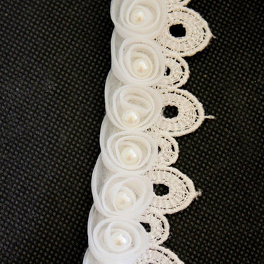 White Rose With Pearl Flower And Crochet Leaves Lace Trim, Approx. 30mm Wide